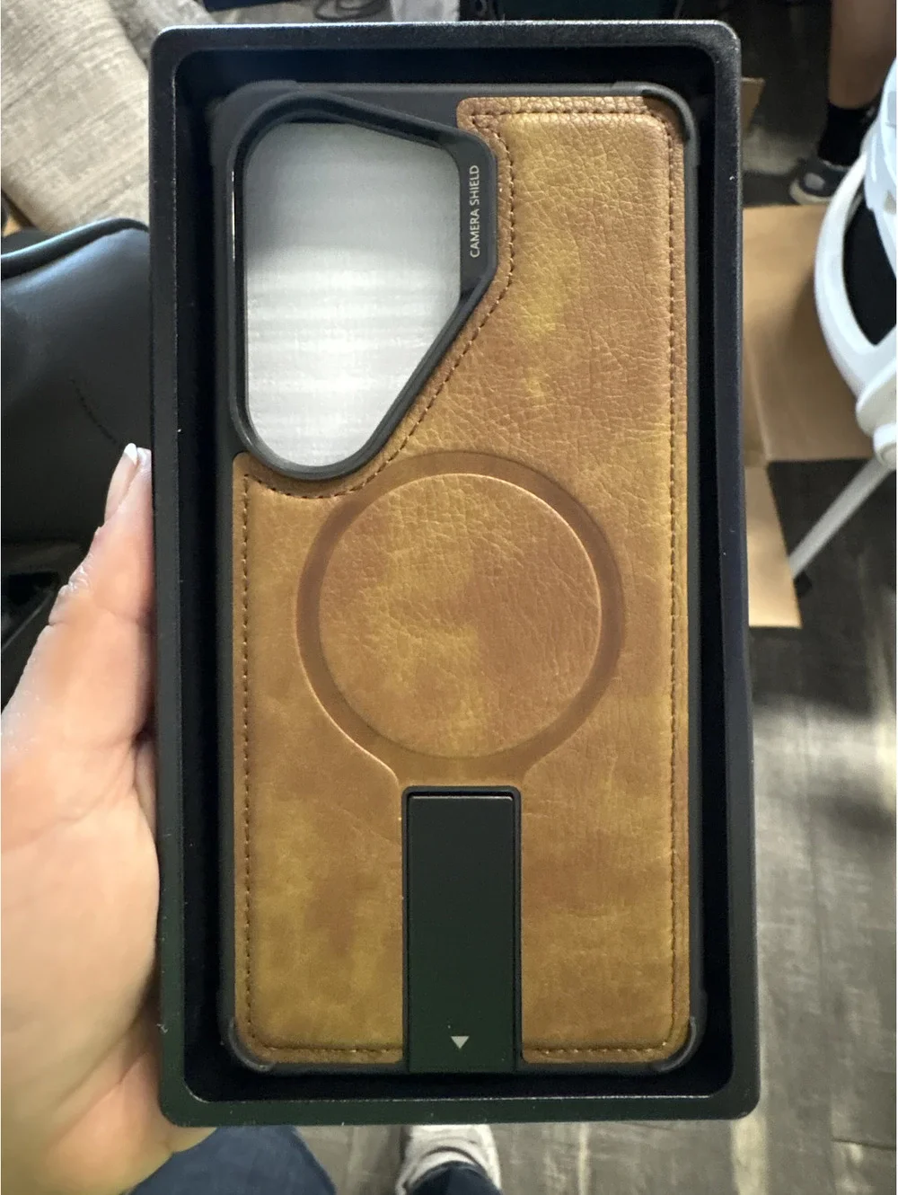 Leather MagSafe Case with Camera Shield Stand Kickstand Brown Phone Cover New